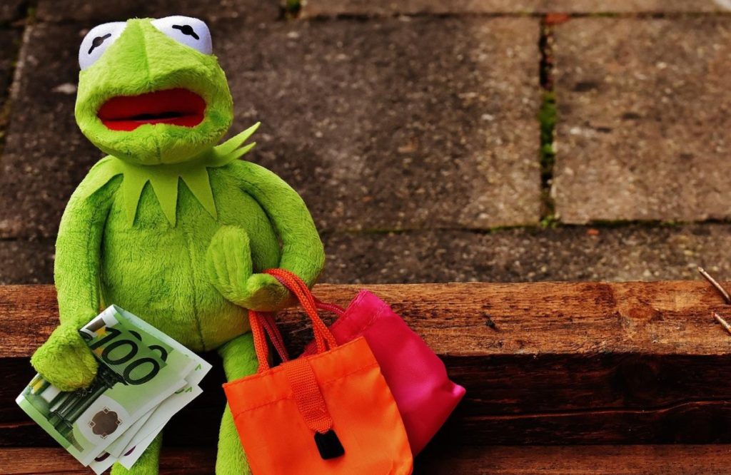 Kermit the frog enjoying buying merchandise at Carowinds